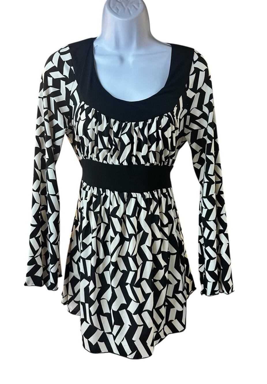 Georgiou Studio Black White Geometric Print Tunic Top Empire Waist Long Sleeve L